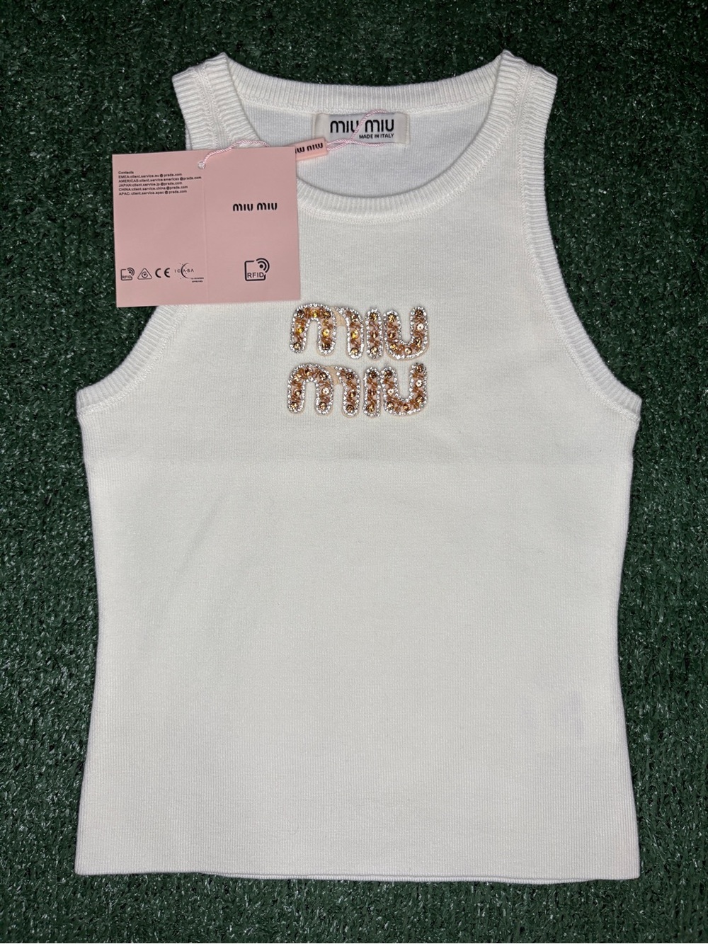 Miu Miu White Tank Top with Crystal-Embellished Logo